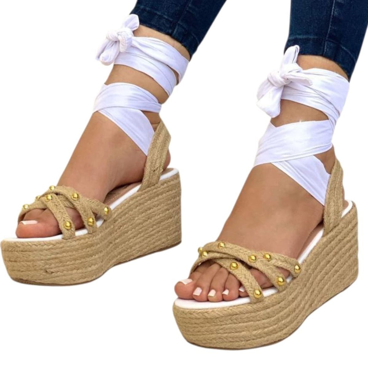 EVEGONZ - Sandalia Romana para Mujer con Plataforma Blanca Pepi Corcho