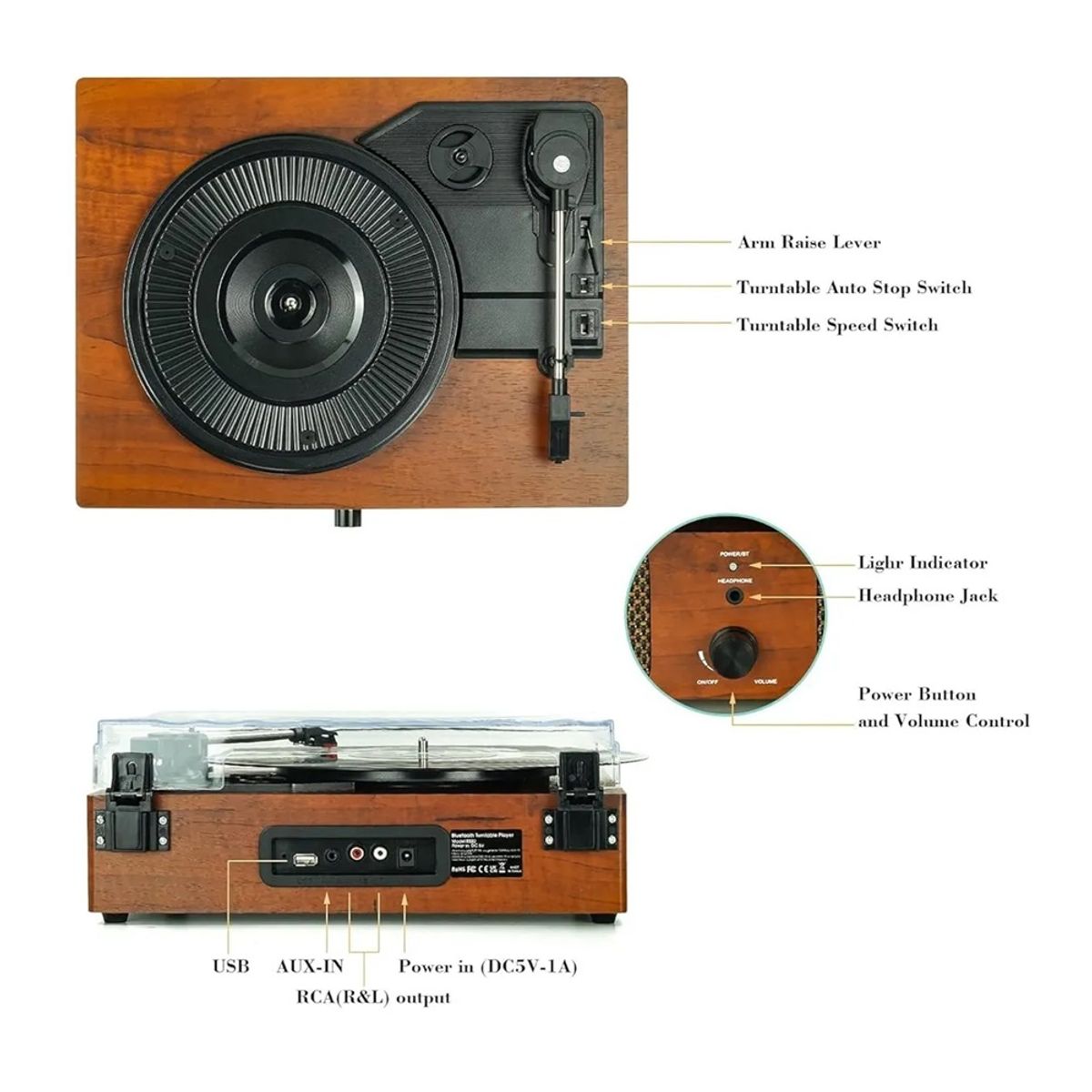 GENERICO - Reproductor de Vinilo Retro 3 Velocidades con Bluetooth