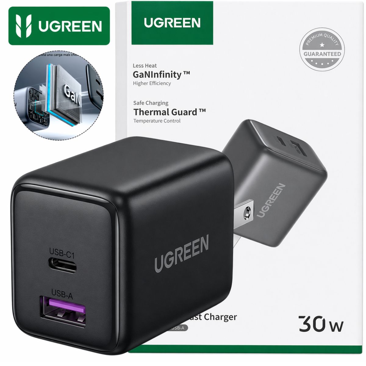 UGREEN - Cargador Plegable Carga Rápida 30W 2 Puertos GAN 1XUSB-A /  1XUSB-C
