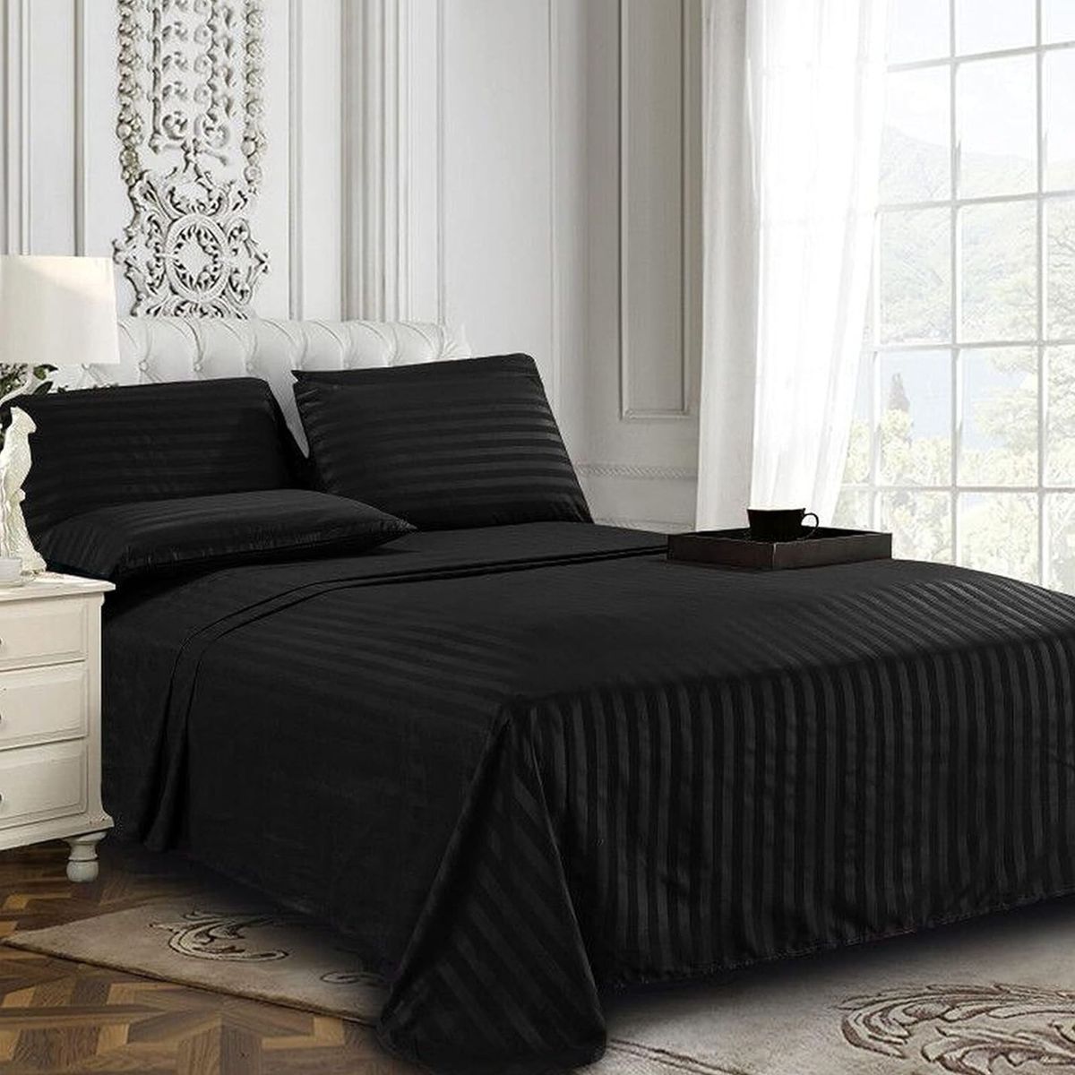 KARYTEX - Juego de Sábanas Sateen Stripe Negro en Microfibra Ultra Suave