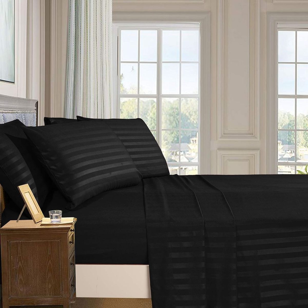 KARYTEX - Juego de Sábanas Sateen Stripe Negro en Microfibra Ultra Suave