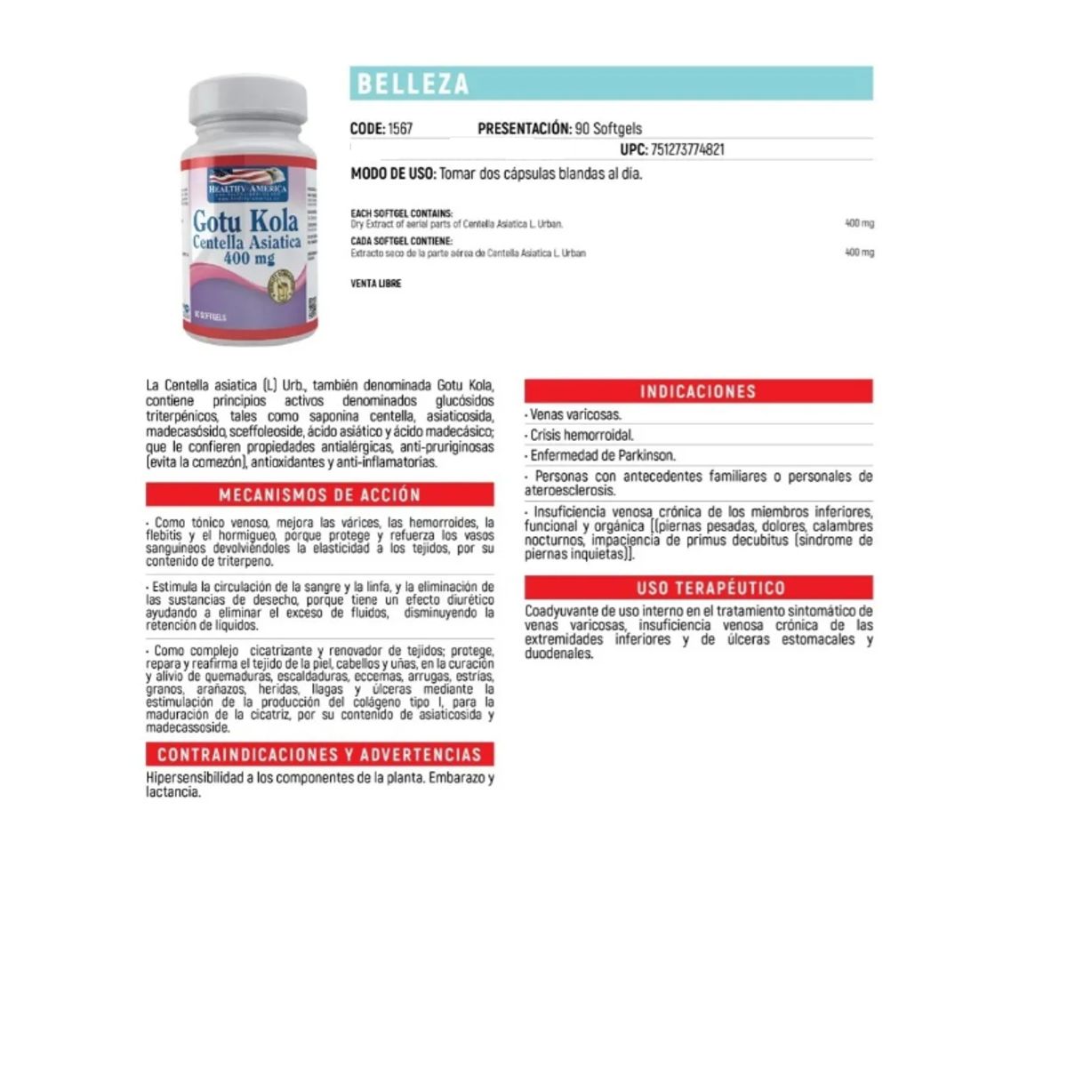 HEALTHY AMERICA - ALIMENTO CON CENTELLA ASIATICA / COMBO X 2 / GOTU KOLA X180U