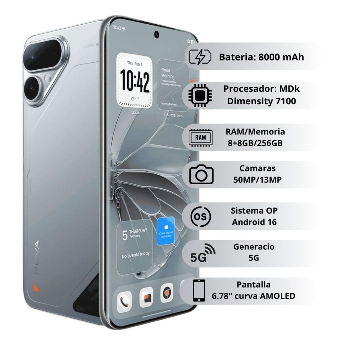 TECNO MOBILE - Celular Tecno POVA Curve 2 5G 256GB/8GB - Gris