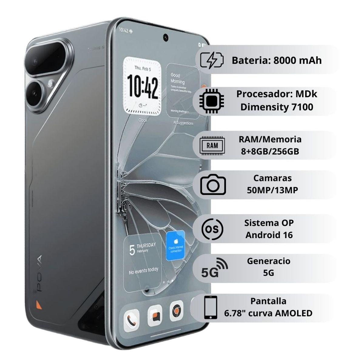 TECNO MOBILE - Celular Tecno POVA Curve 2 5G 256GB/8GB - Negro