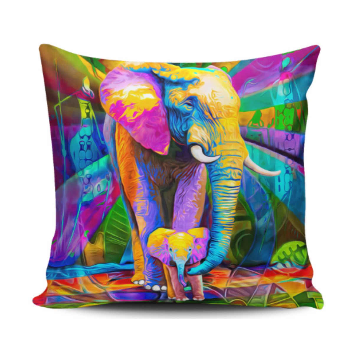 GENERICO - Funda Cojin Decorativo Elefante Colorido Y Su Cria Diseño 127 1 Sola Cara Sin Relleno 47 X 47 Cm