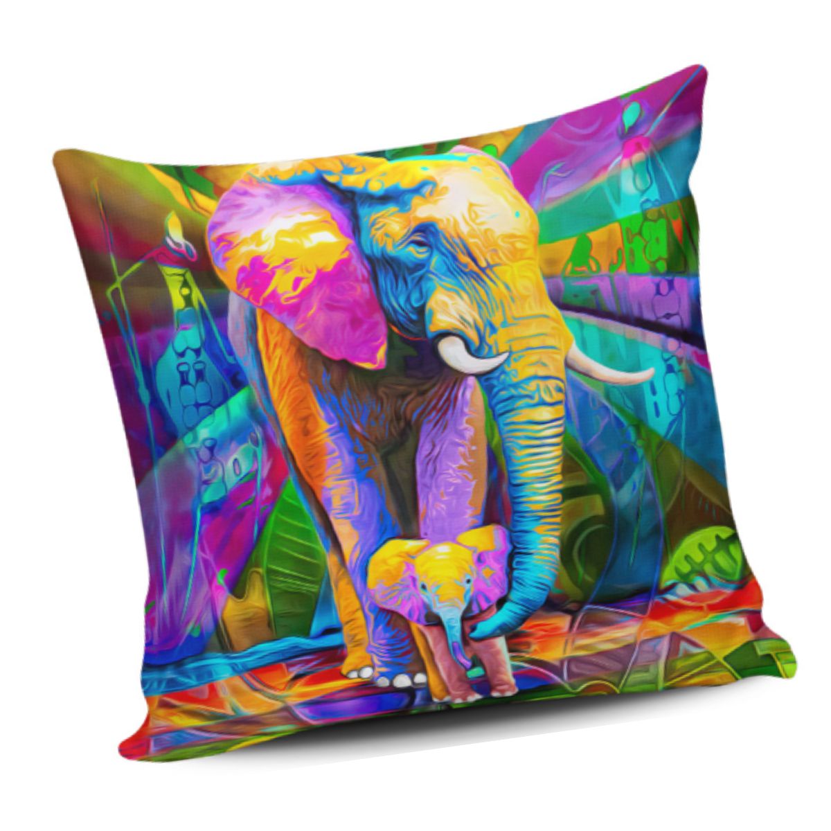 GENERICO - Funda Cojin Decorativo Elefante Colorido Y Su Cria Diseño 127 1 Sola Cara Sin Relleno 47 X 47 Cm