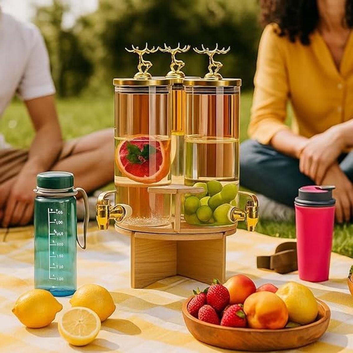 GENERICO - Dispensador bebidas vidrio giratorio 3 cilindros base madera tapas reno Hogar