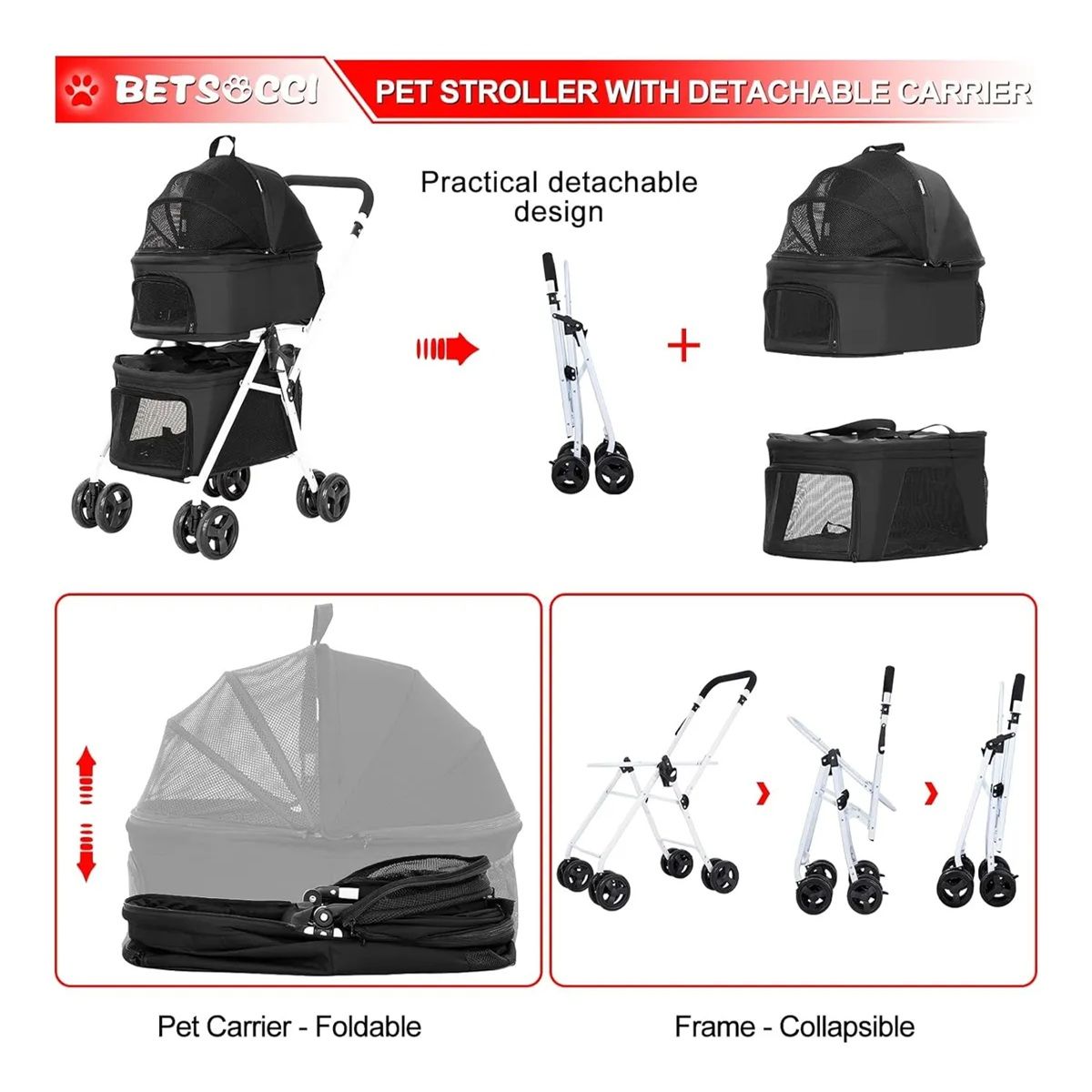 GENERICO - COCHE PARA MASCOTAS DOBLE CON ARNES COLLAR 2 PERROS GATOS PLEGABLE