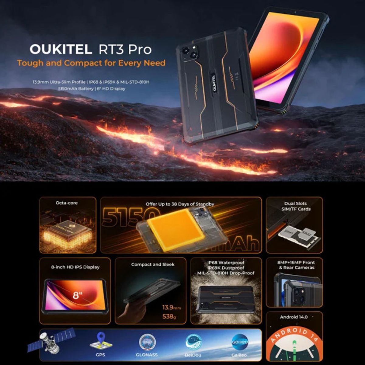 OUKITEL - OUKITEL RT3 Pro Tableta IP68 Duradero 4GB128GB 8Pulgadas 4G