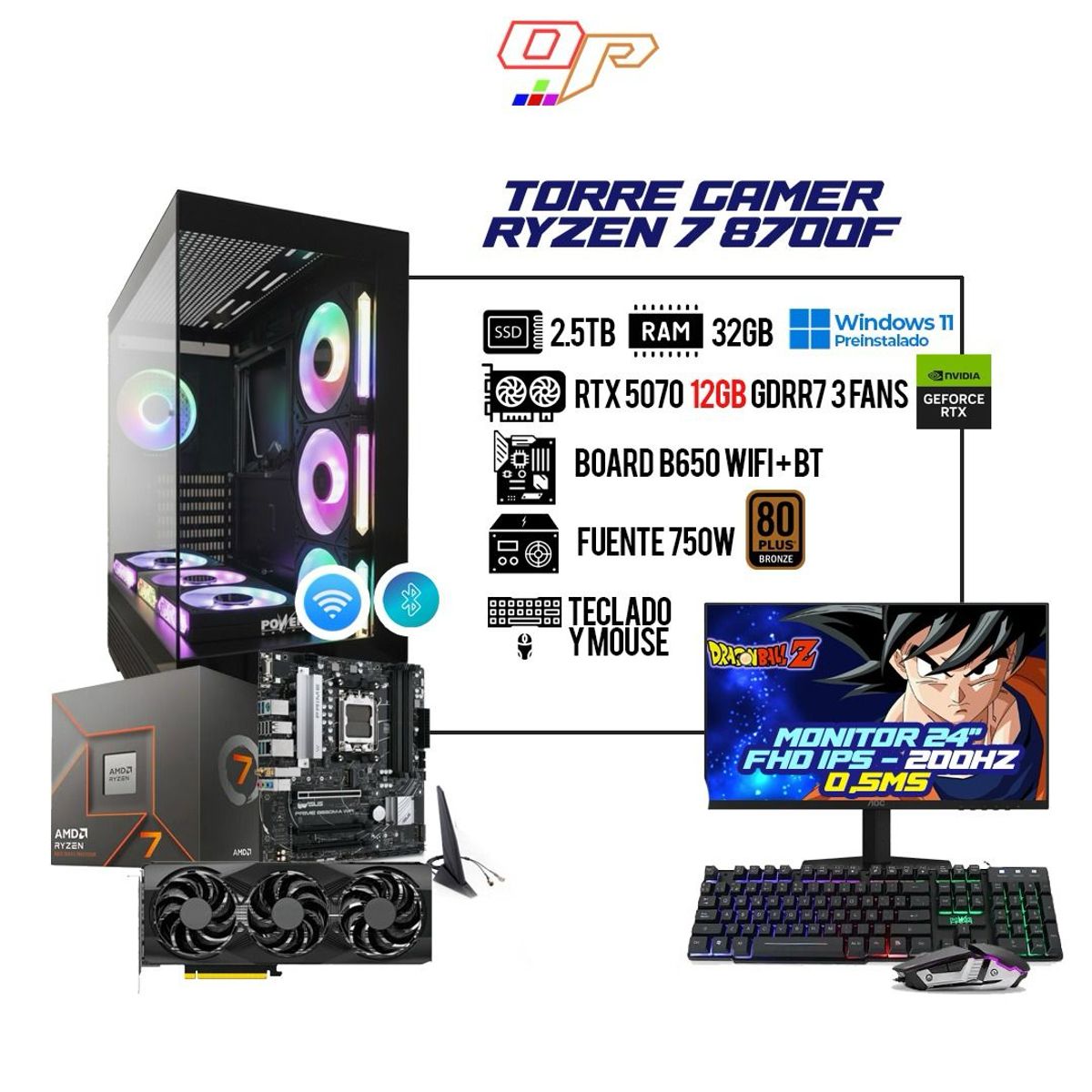 AMD - PC GAMER AMD R7 8700F - BOARD B650 WIFI - RAM 32GB - SSD 2.5TB M.2 - FUENTE 750W - MONITOR 24 200Hz