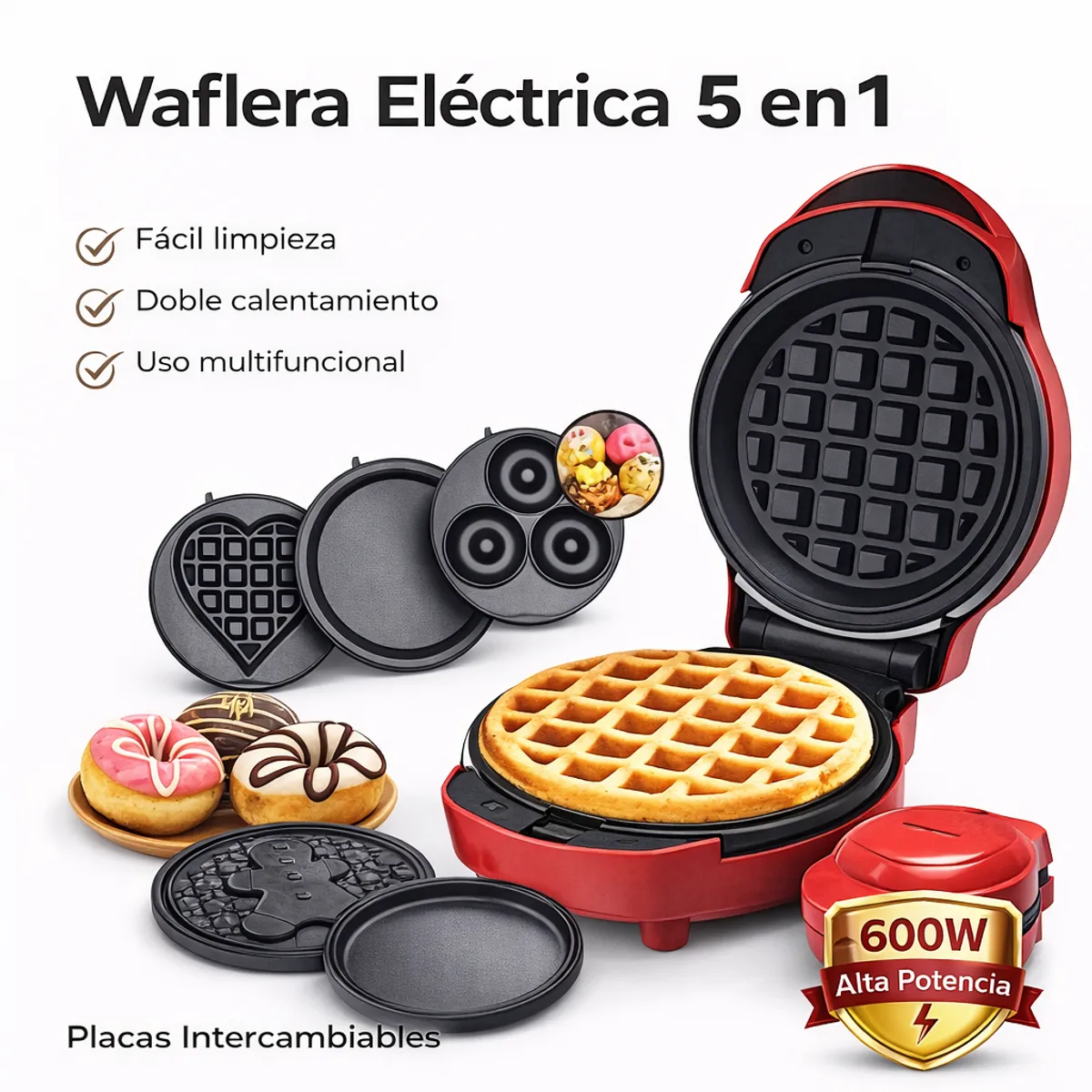 TECNOHOGAR JS - Waflera Eléctrica Sokany 5 en 1 Antiadherente 600W con Placas Intercambiables