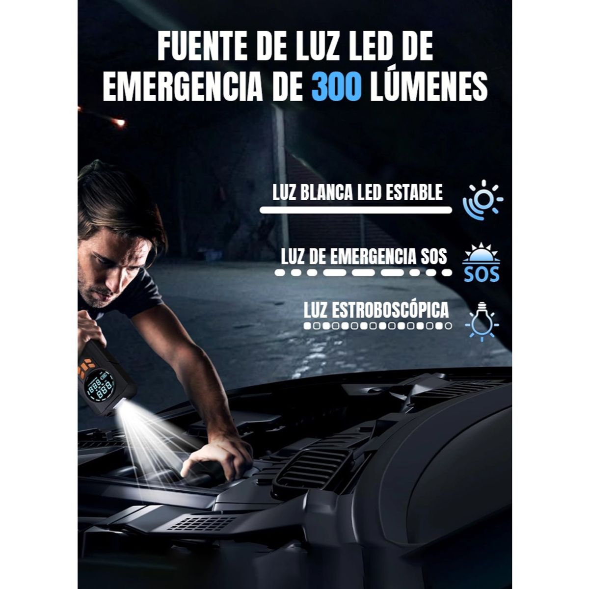 TELEVENTAS COM - Arrancador de Batería 12V con Compresor Digital, Calibrador, Power Bank y Linterna LED SOS