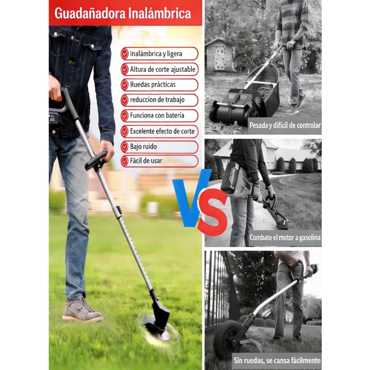 TELEVENTAS COM - Guadañadora Cortadora de Césped Inalámbrica 8 en 1 con Ruedas y Cuchillas Intercambiables