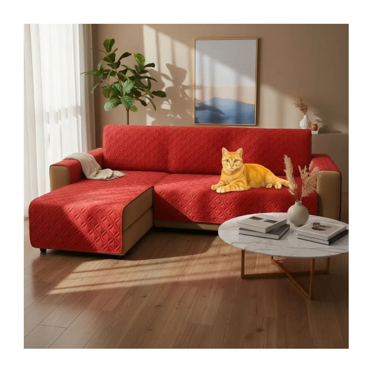 GENERICO - Funda Protector Acolchado 100% Poliéster Para Sofa En L Izquierda Color Rojo
