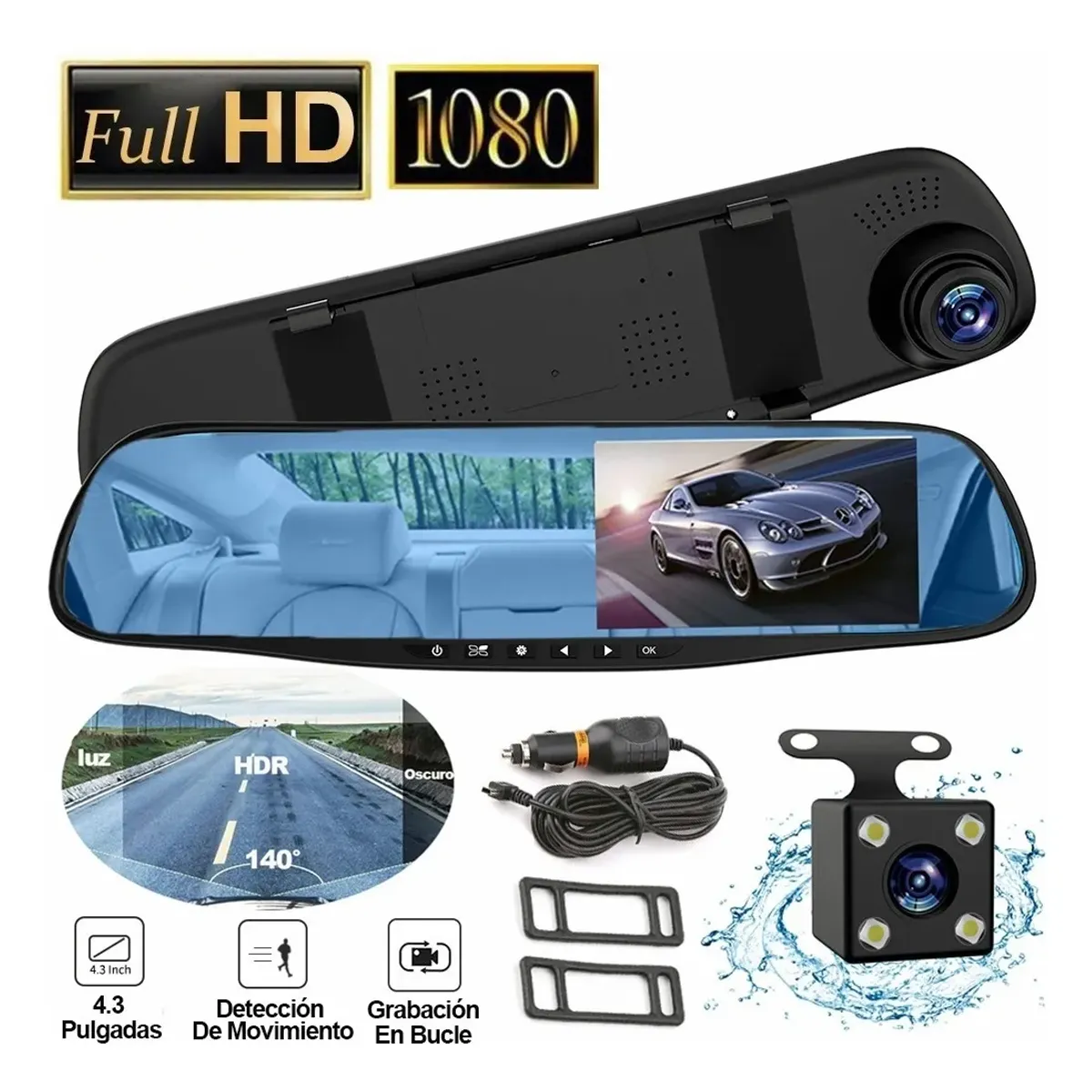 GENERICO - Espejo Retrovisor Con Doble Cámara Hd Frontal Y Trasera 170°