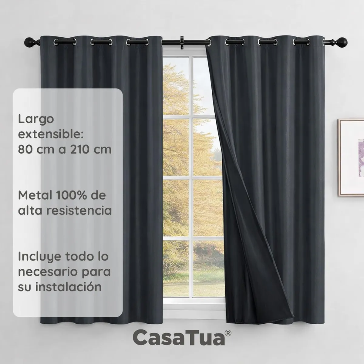 CASATUA - Barra Tubo Cortina Casatua Hasta 14kg Largo Ajustable - Negro