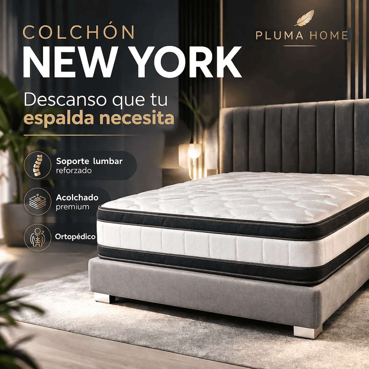 PLUMA HOME - LINEA GOLD Colchón Soporte Lumbar - New York Semidoble Gratis 1 Almohada y Protector