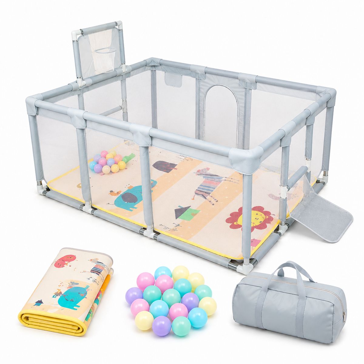 GENERICO - Parque Infantil Corral De Juegos Tapete Pelotas Canasta 180x120 Gris