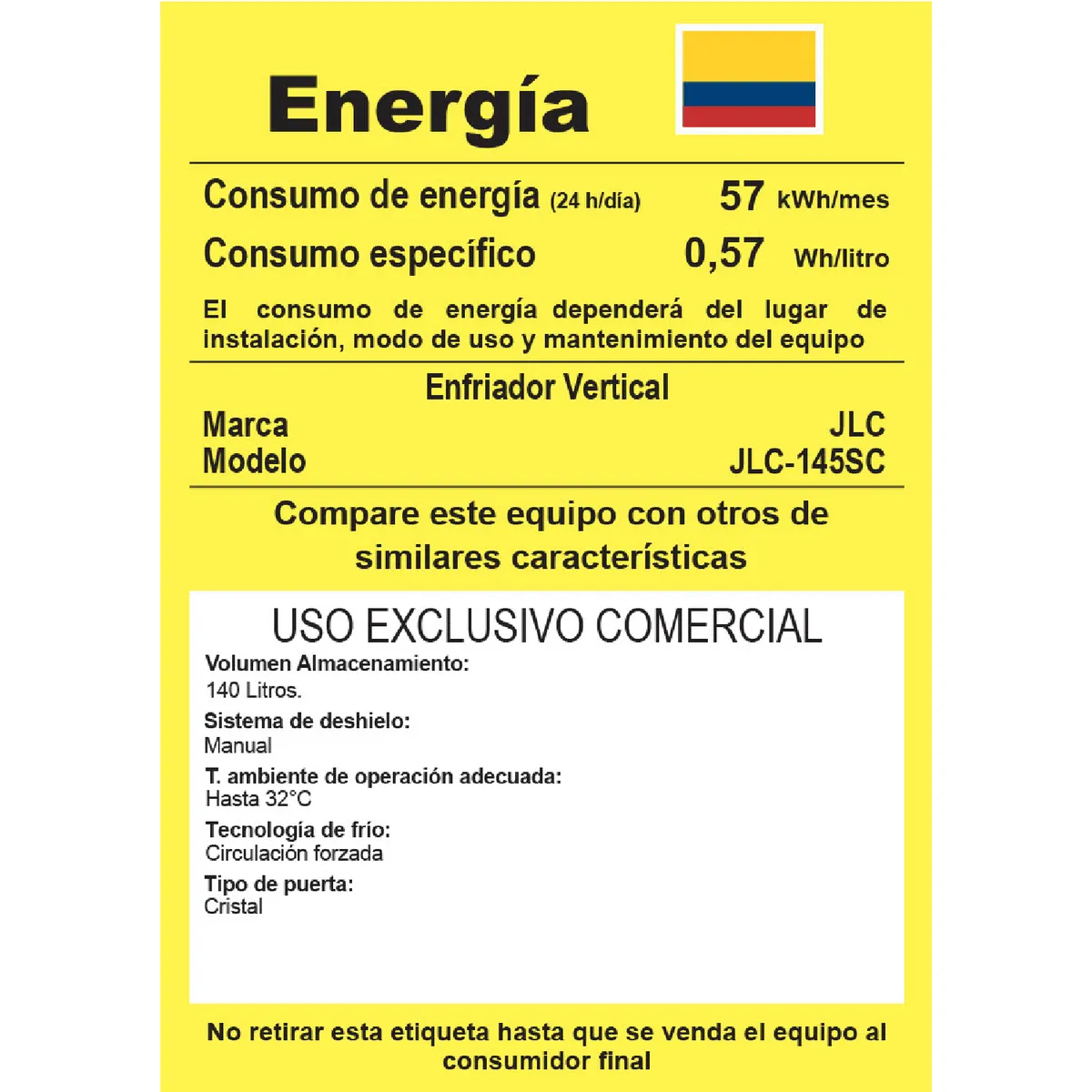 JLC ELECTRONICS - Vitrina Refrigerante Vertical 145 Litros - Modelo JLC-145SC on Sistema Airflow, 4 Parrillas Ajustables e Iluminación LED