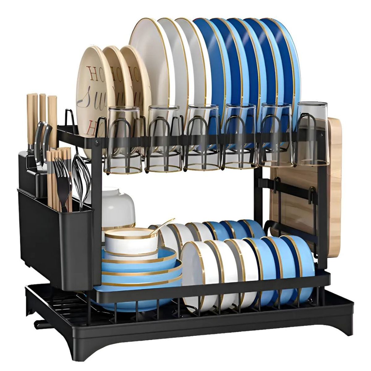 BUFFER FLASK - Organizador Escurridor De Platos 2 Niveles Negro Multifuncional Para Cocina 29x42x29 cm