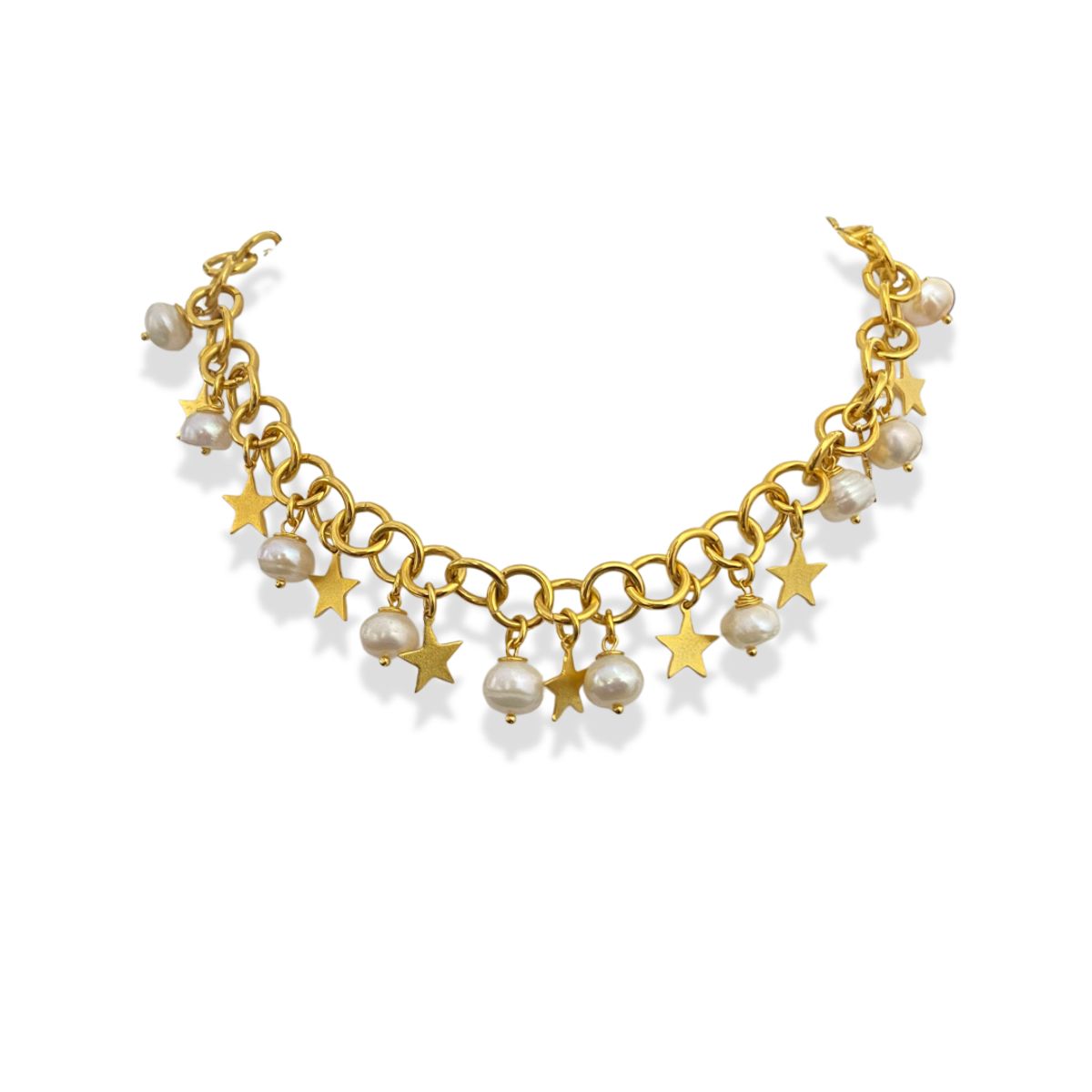 MERAKI - Collar mujer Perlas y Charms Dijes de estrellas Bañado en oro 24kt - Collar chunky - Cadena mujer