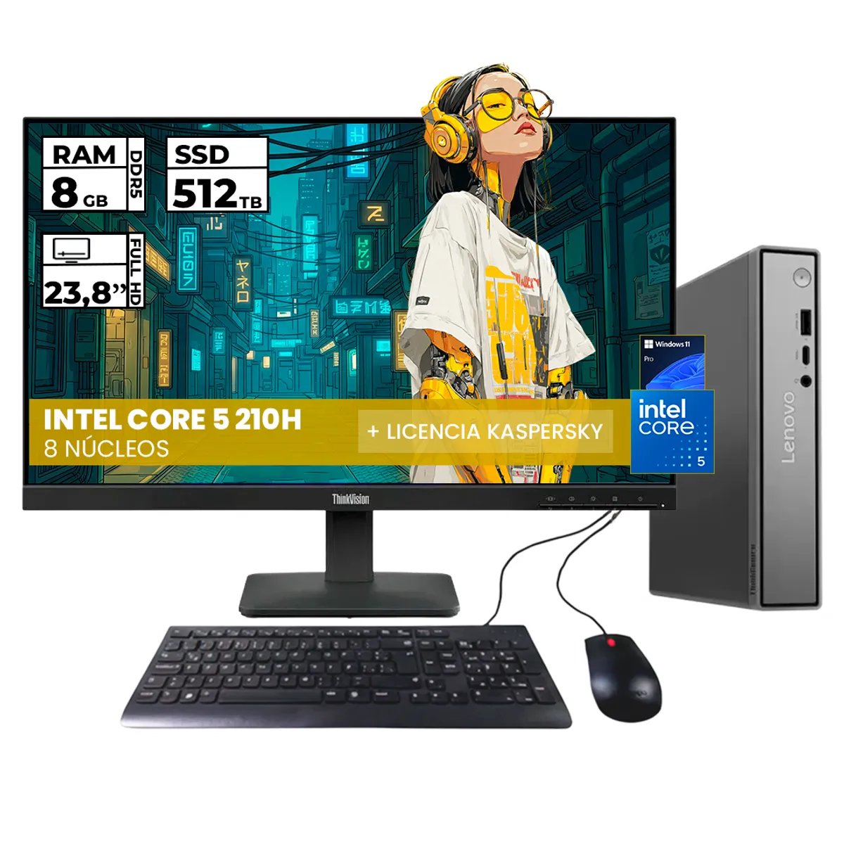 LENOVO - PC MINI DE ESCRITORIO NEO 50Q GEN 5 CORE 5 210H 8GB RAM 512GB SSD WINDOWS 11 PRO 24'' FHD