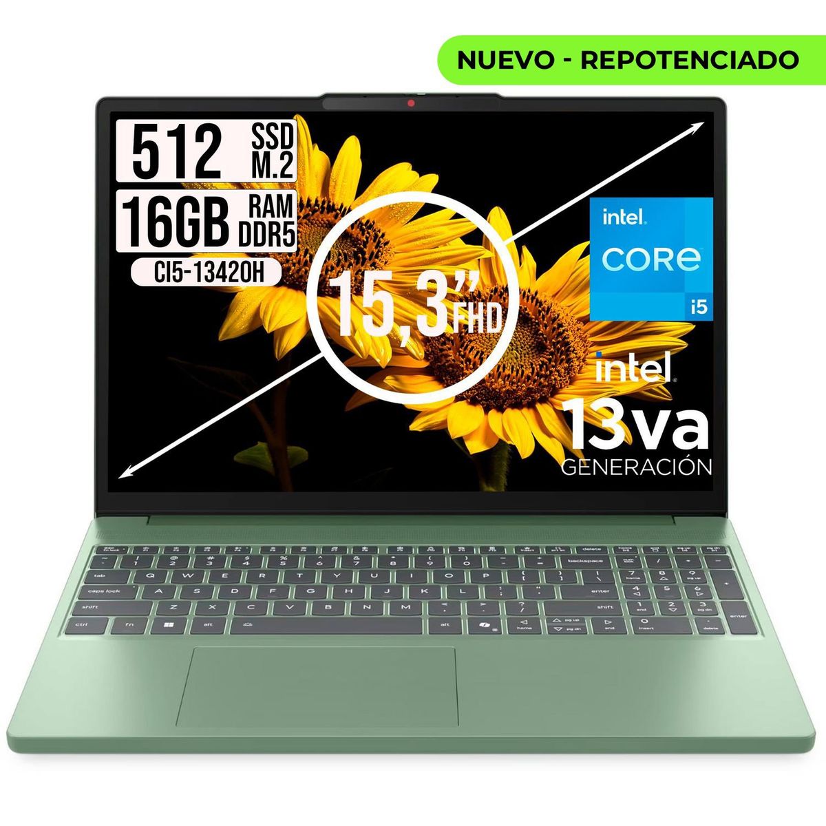 Lenovo - Portatil Lenovo IdeaPad Slim 3 intel Core I5-13420H Ssd 512Gb Ram 16Gb 15.3" WUXGA Verde