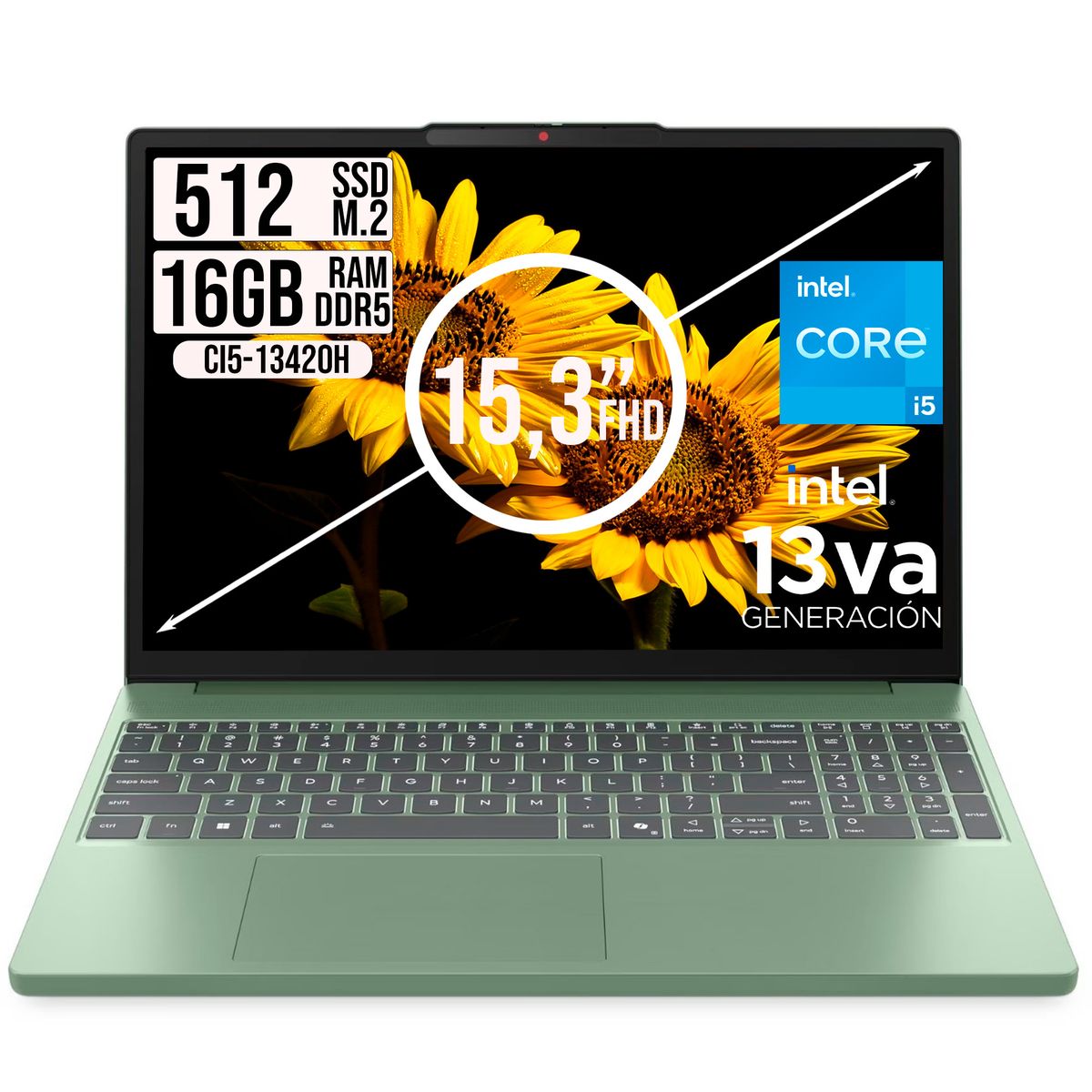 Lenovo - Portatil Lenovo IdeaPad Slim 3 intel Core I5-13420H Ssd 512Gb Ram 16Gb 15.3" WUXGA Verde