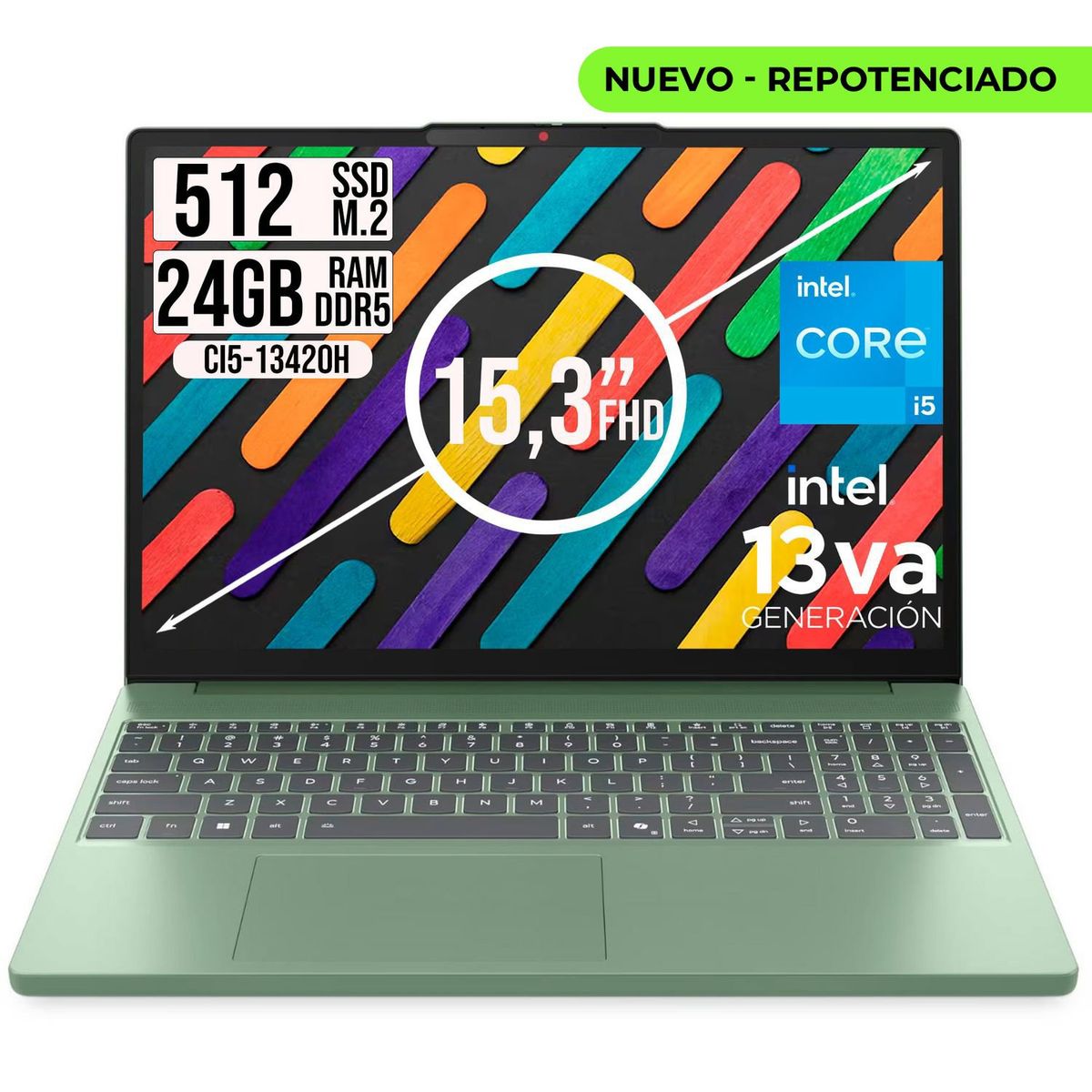 Lenovo - Portatil Lenovo IdeaPad Slim 3 intel Core I5-13420H Ssd 512GB Ram 24GB 15.3" WUXGA Verde