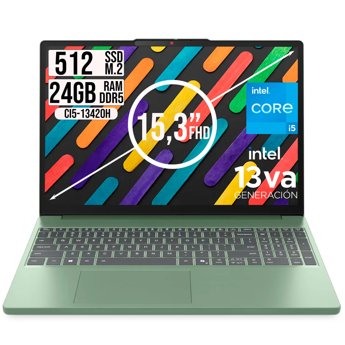 Lenovo - Portatil Lenovo IdeaPad Slim 3 intel Core I5-13420H Ssd 512GB Ram 24GB 15.3" WUXGA Verde