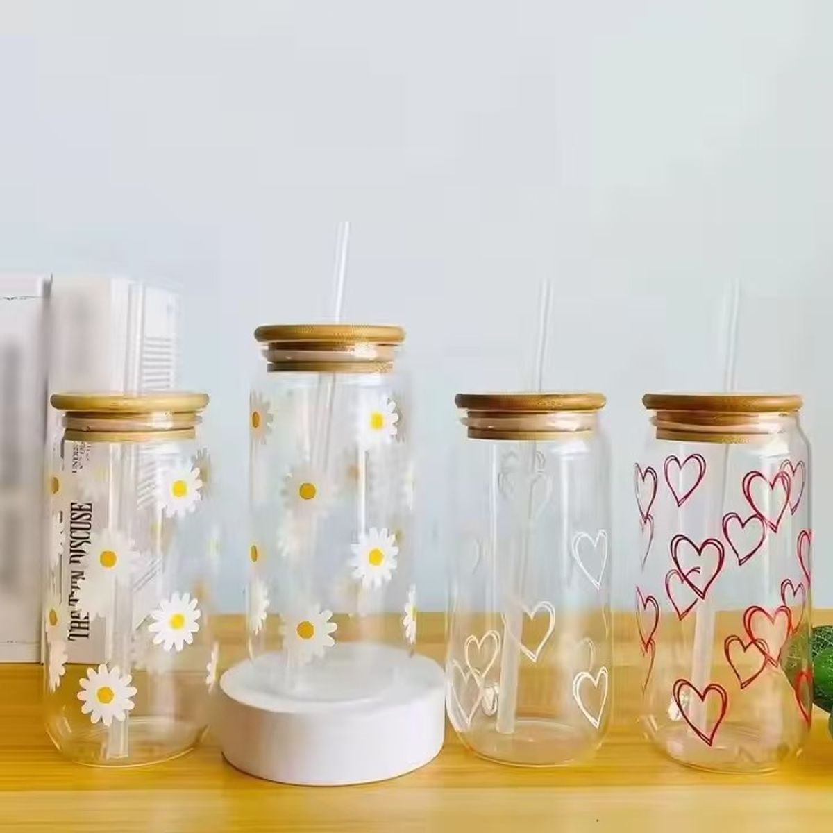 GENERICO - Set x3 Vasos de Vidrio tapa de bambú Diseños Diferentes 500ml
