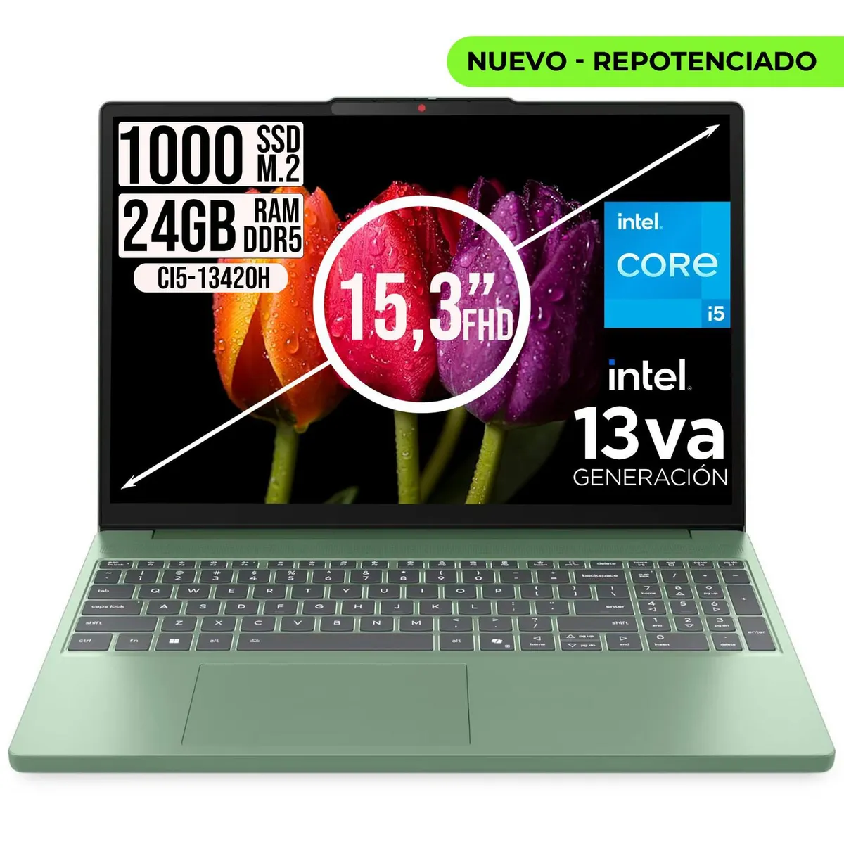 Lenovo - Portatil Lenovo IdeaPad Slim 3 intel Core I5-13420H Ssd 1TB Ram 24GB 15.3" WUXGA Verde
