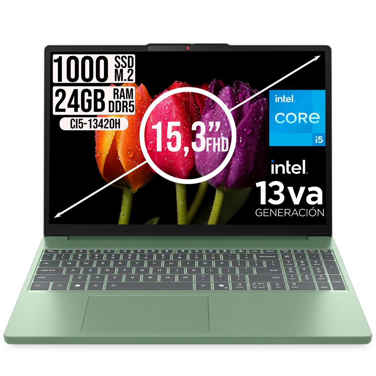 Lenovo - Portatil Lenovo IdeaPad Slim 3 intel Core I5-13420H Ssd 1TB Ram 24GB 15.3" WUXGA Verde
