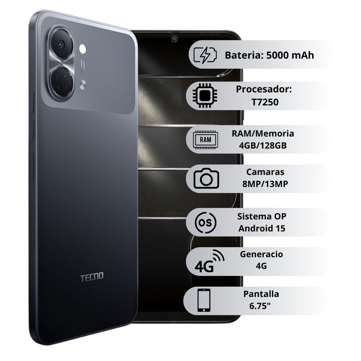 TECNO MOBILE - Celular Spark GO 3 128GB/4GB - Negro