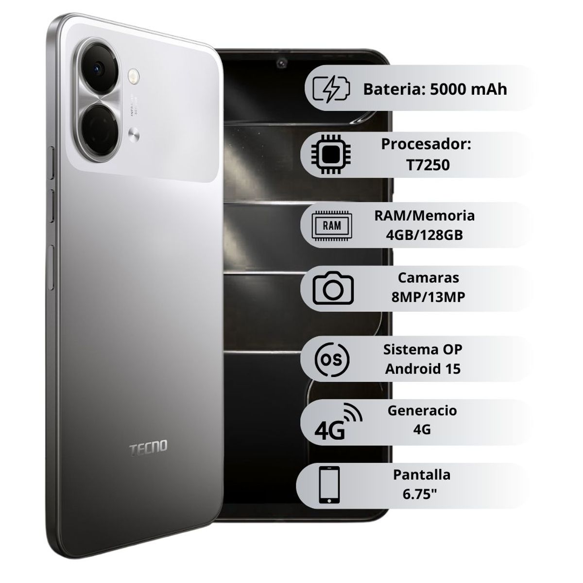 TECNO MOBILE - Celular Spark GO 3 128GB/4GB - Gris