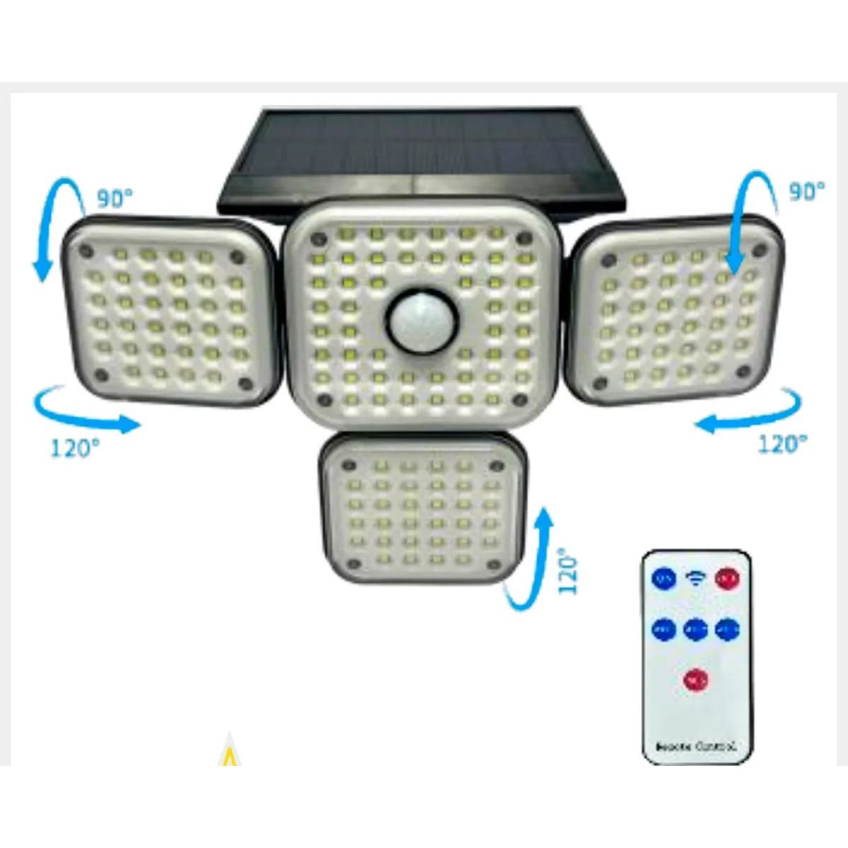 GENERICO - Lámpara Solar LED Con Sensor Movimiento Control Remoto 4 Cabezales IP65 Exterior