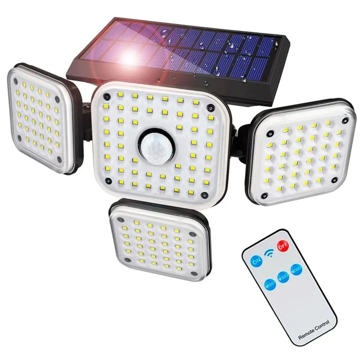 GENERICO - Lámpara Solar LED Con Sensor Movimiento Control Remoto 4 Cabezales IP65 Exterior