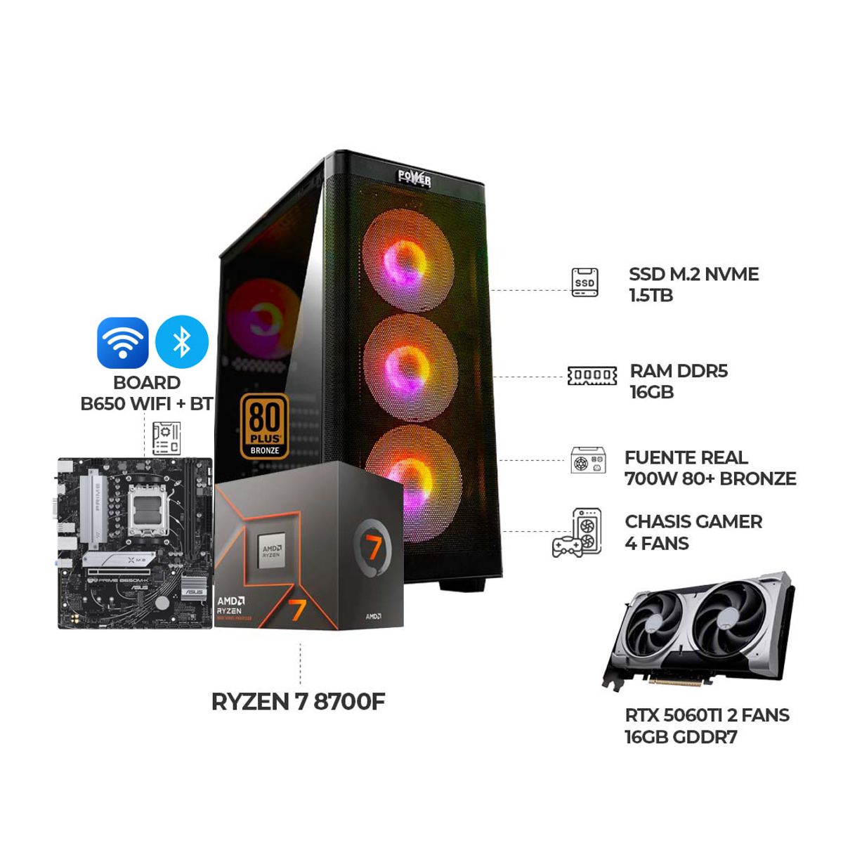 AMD - PC GAMER AMD R7 8700F - B650-A WIFI +BT- RTX 5060TI 16GB - RAM 16GB - SSD 1.5TB - FUENTE 750W 80+