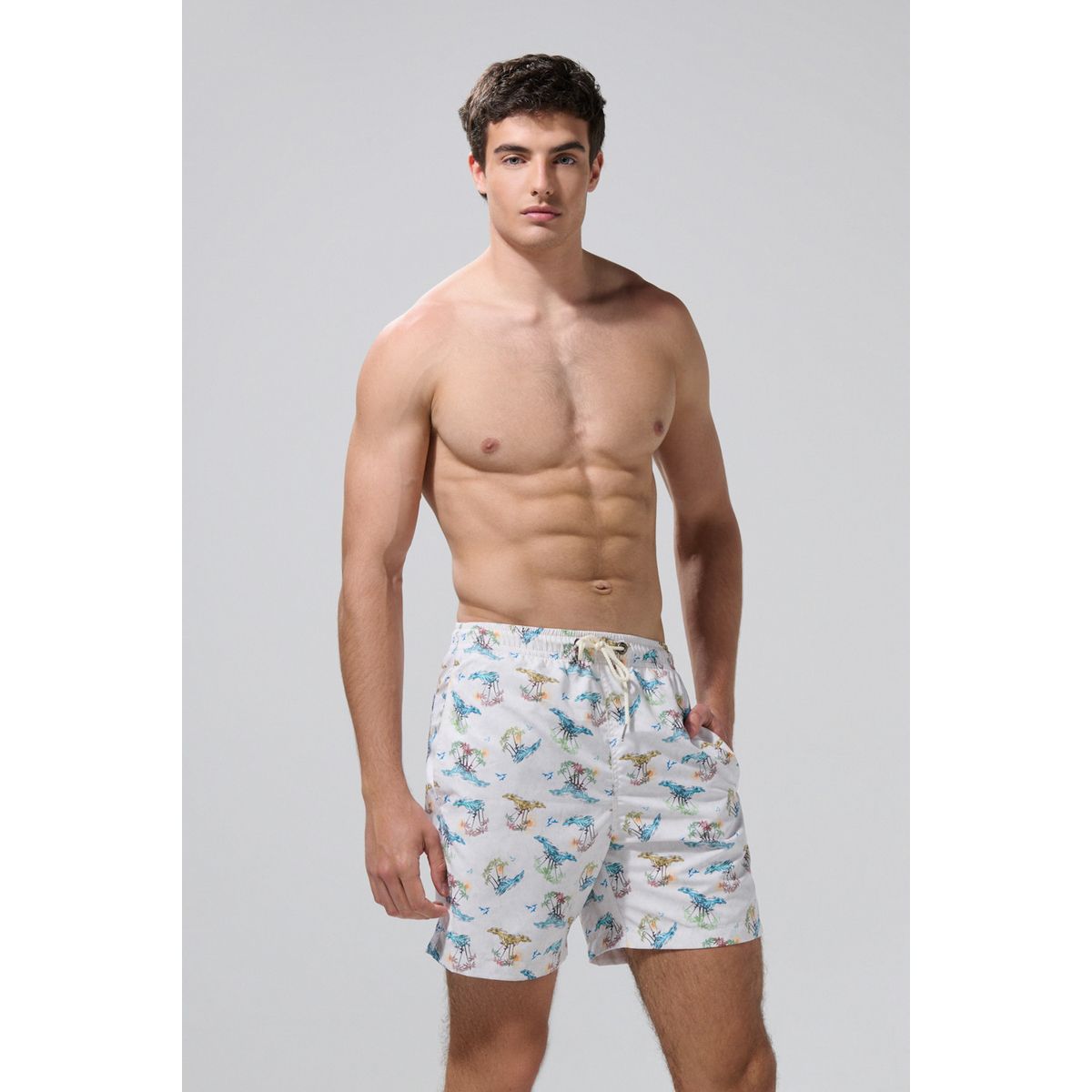 KOAJ - KOAJ Bermuda crema clara playera con diseños de palmeras Hombre