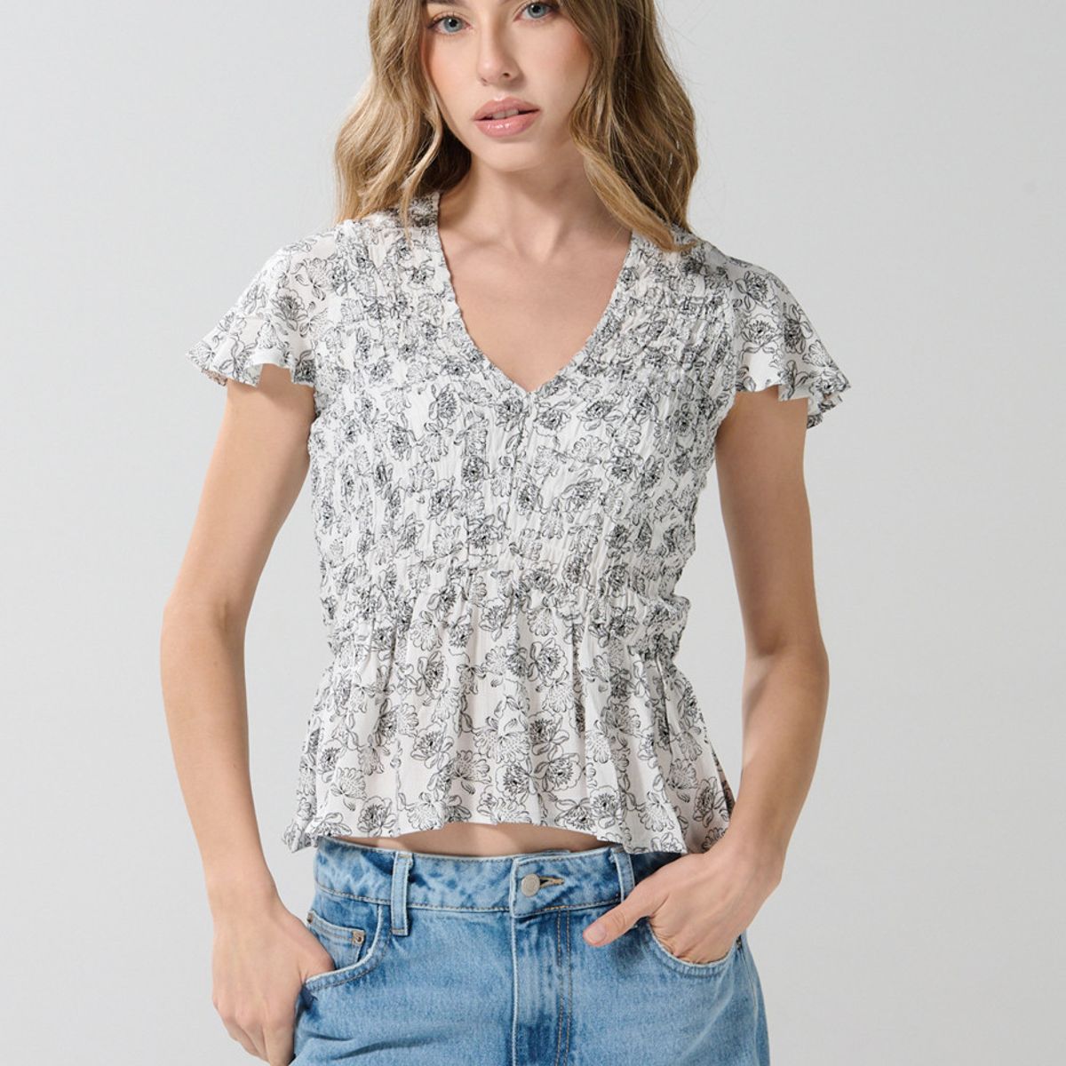 KOAJ - KOAJ BLUSA ESTAMPADA/RAYON ENCAUCHADA, MANGA CORTA Mujer
