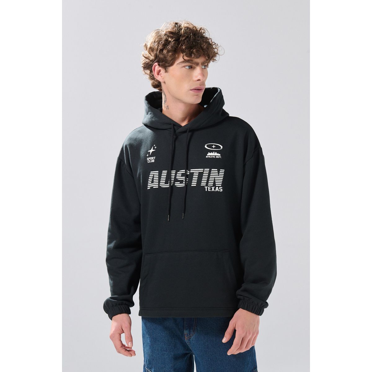 KOAJ - KOAJ Buzo oversize negro perchado con capota y arte college Hombre