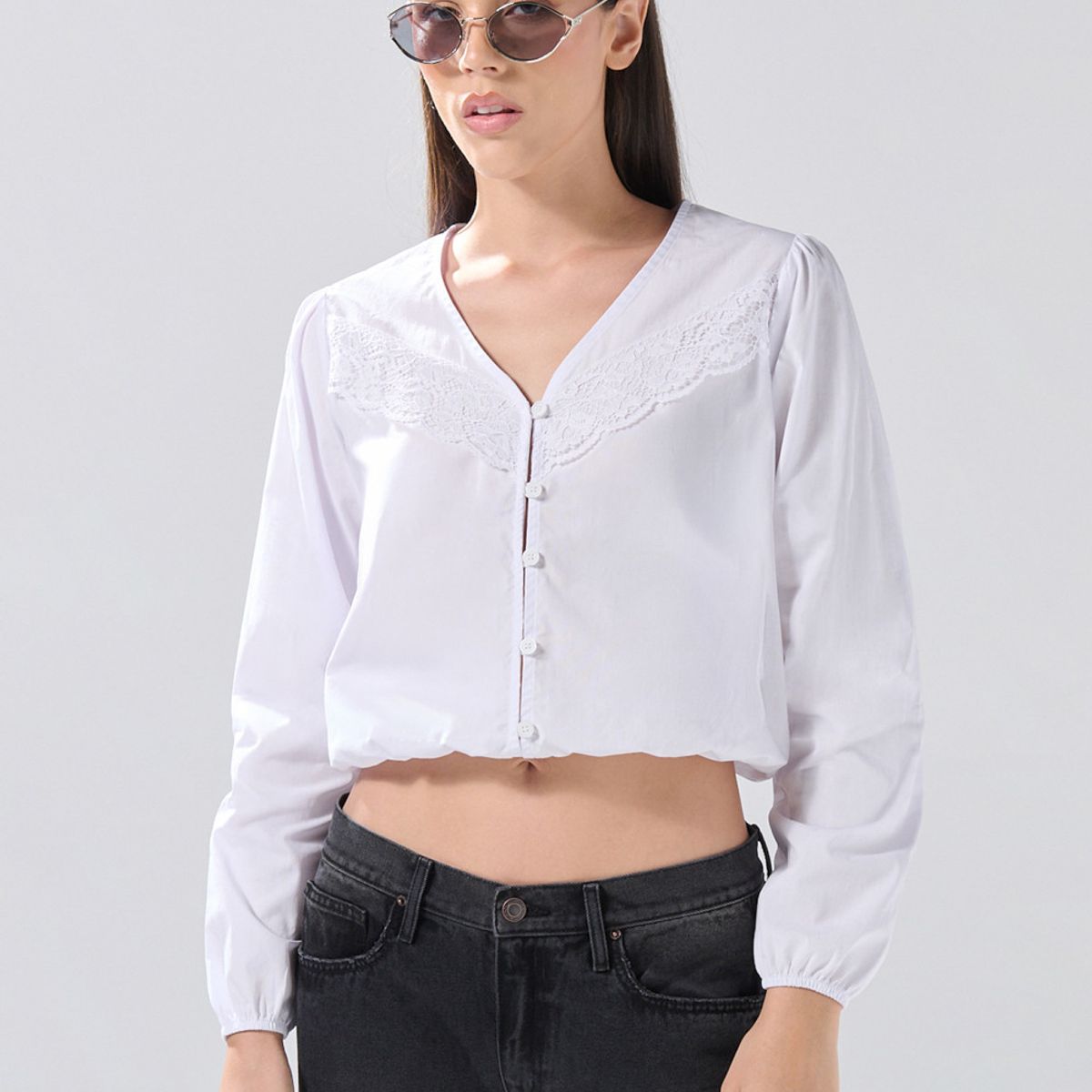 KOAJ - KOAJ Blusa crema  manga larga, con encaje y botones Mujer