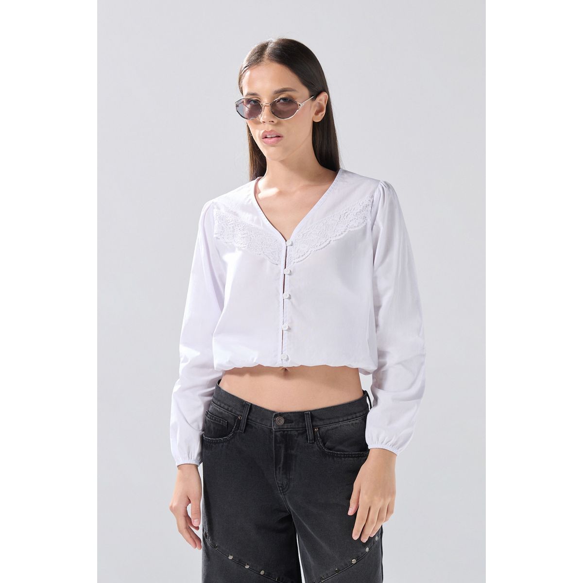 KOAJ - KOAJ Blusa crema  manga larga, con encaje y botones Mujer