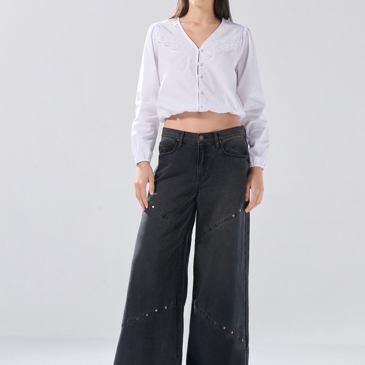 KOAJ - KOAJ Blusa crema  manga larga, con encaje y botones Mujer