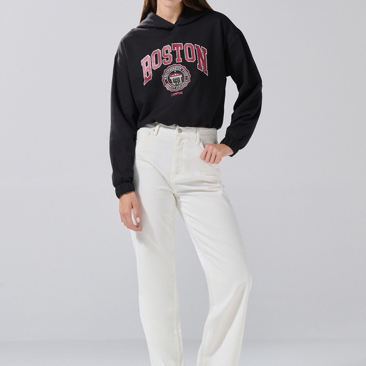 KOAJ - KOAJ Buzo perchado con capota negro y diseño college Mujer