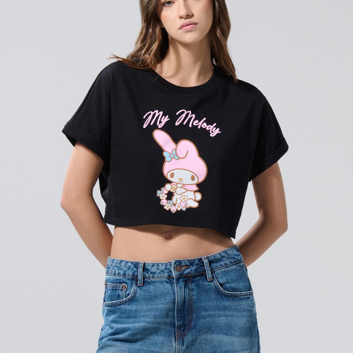 KOAJ - KOAJ Camiseta oversize crop top negra con arte de My Melody Mujer