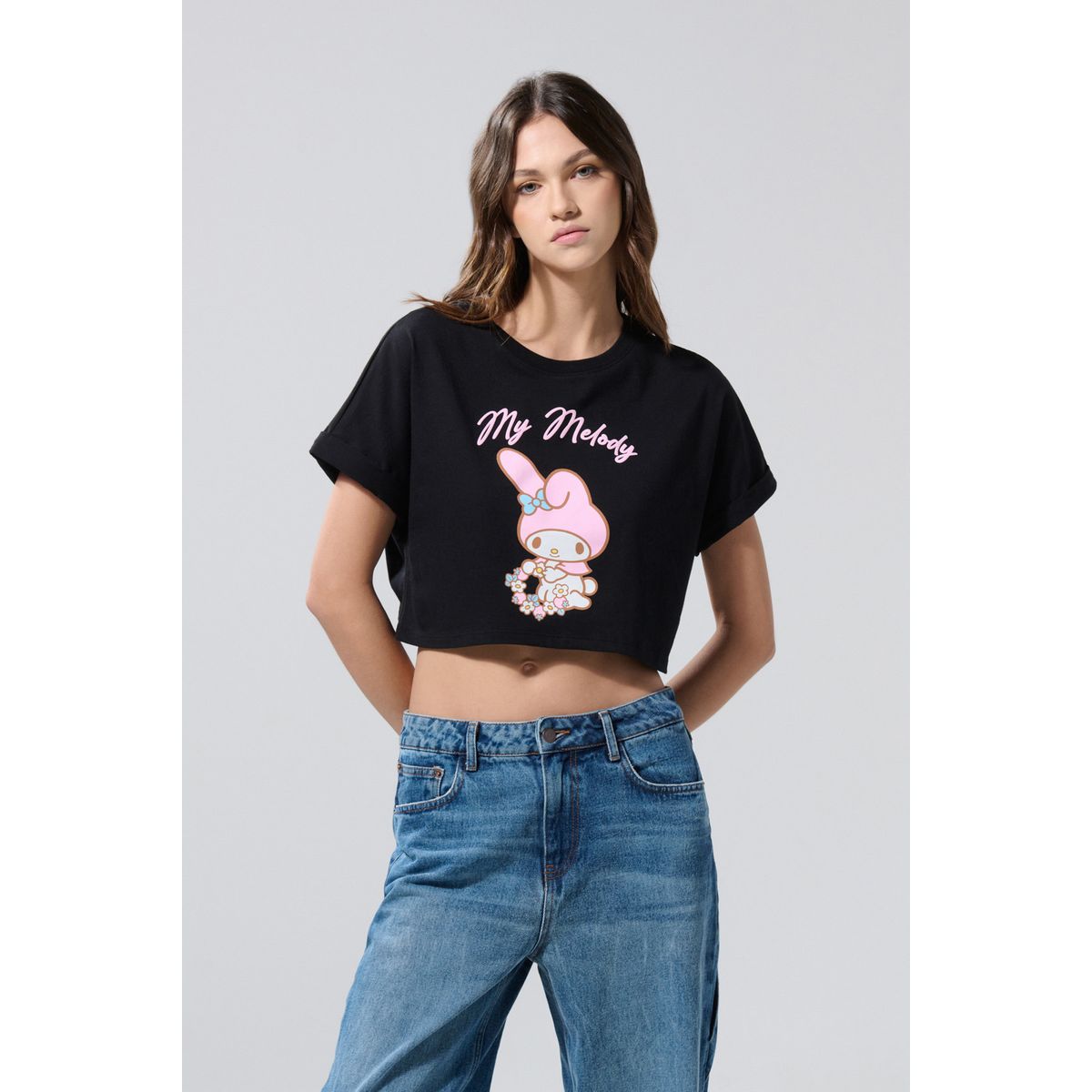 KOAJ - KOAJ Camiseta oversize crop top negra con arte de My Melody Mujer