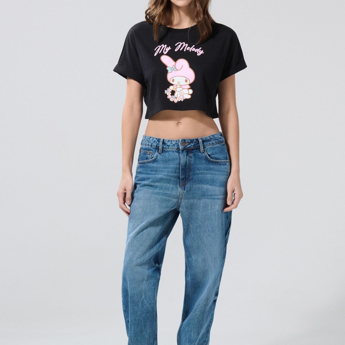 KOAJ - KOAJ Camiseta oversize crop top negra con arte de My Melody Mujer