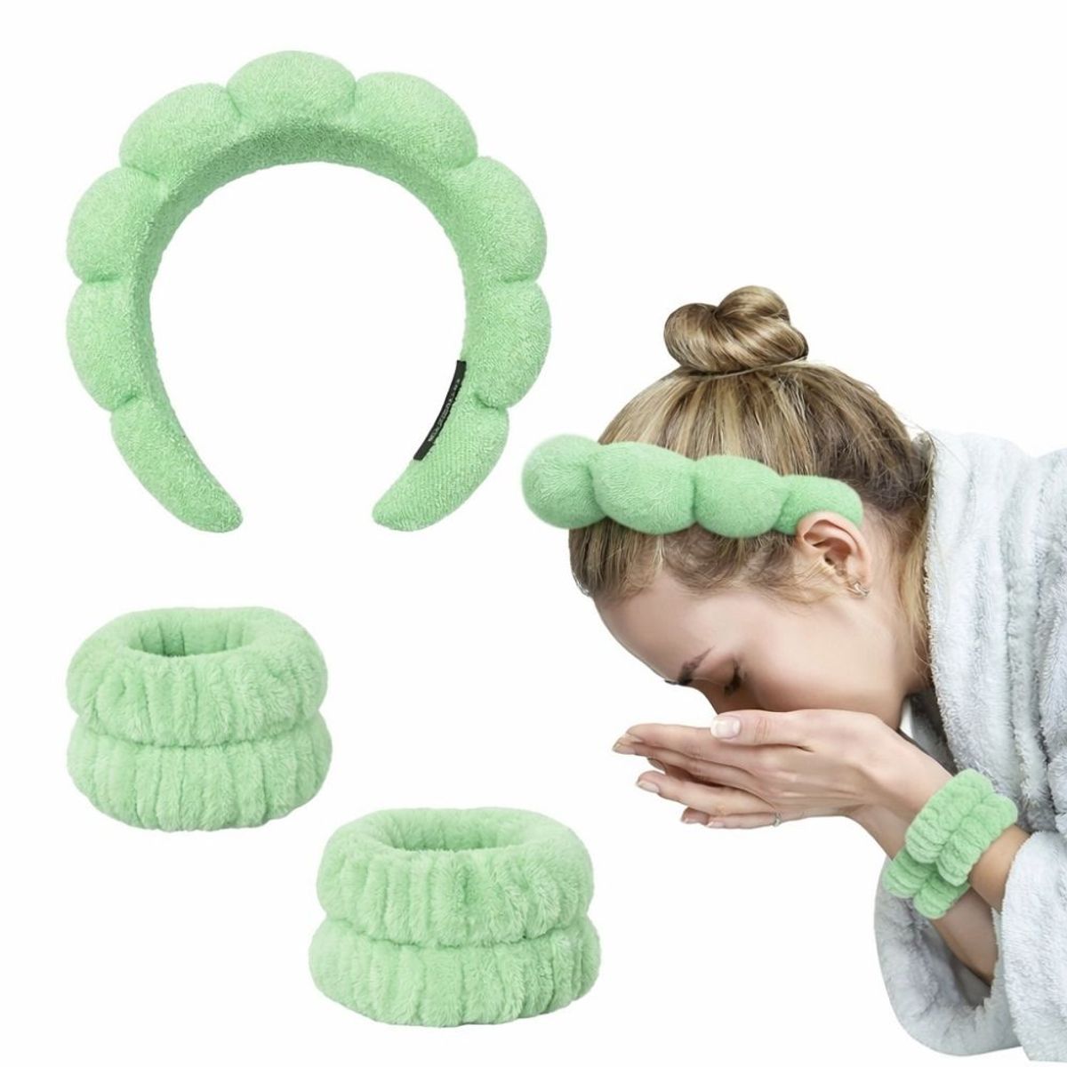 GENERICO - Set De Diadema Balaca Puffy Skincare + Muñequeras Verde Menta