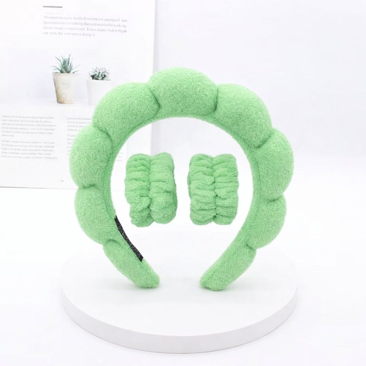 GENERICO - Set De Diadema Balaca Puffy Skincare + Muñequeras Verde Menta